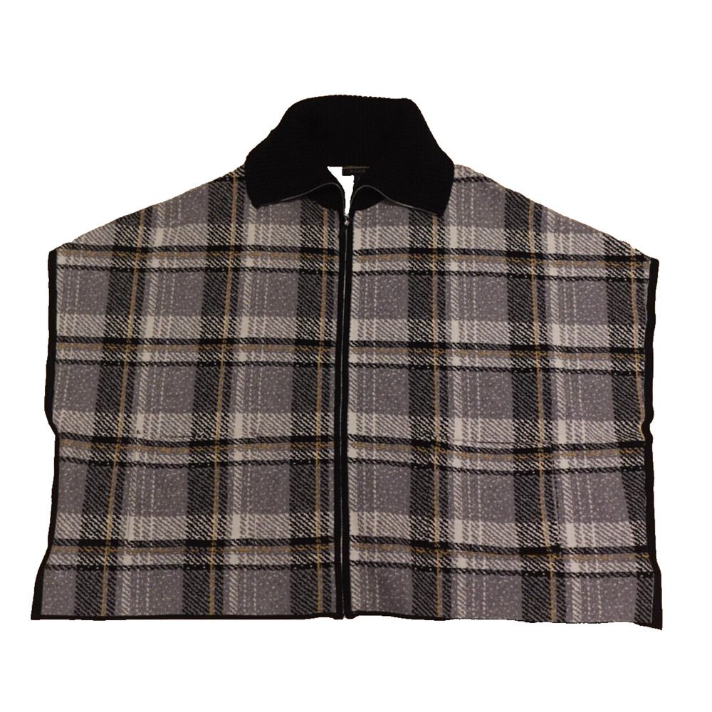 Tahari Women L XL Poncho Cape Full Zip Plaid Pockets Gray Black New‎ Academia